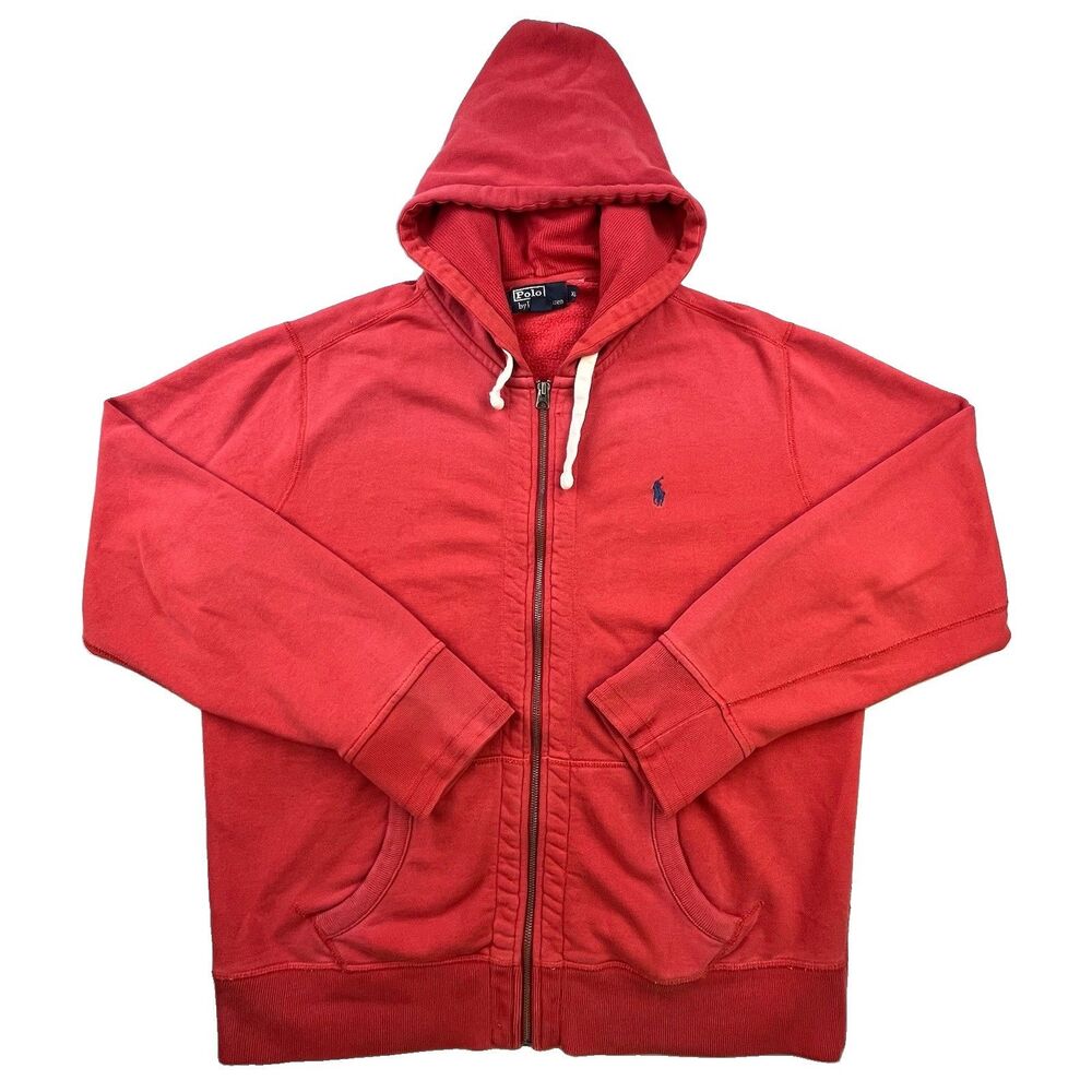 Vintage Polo Ralph Lauren Hoodie Mens XL Red Full Zip Fleece 90s Waffle Hood